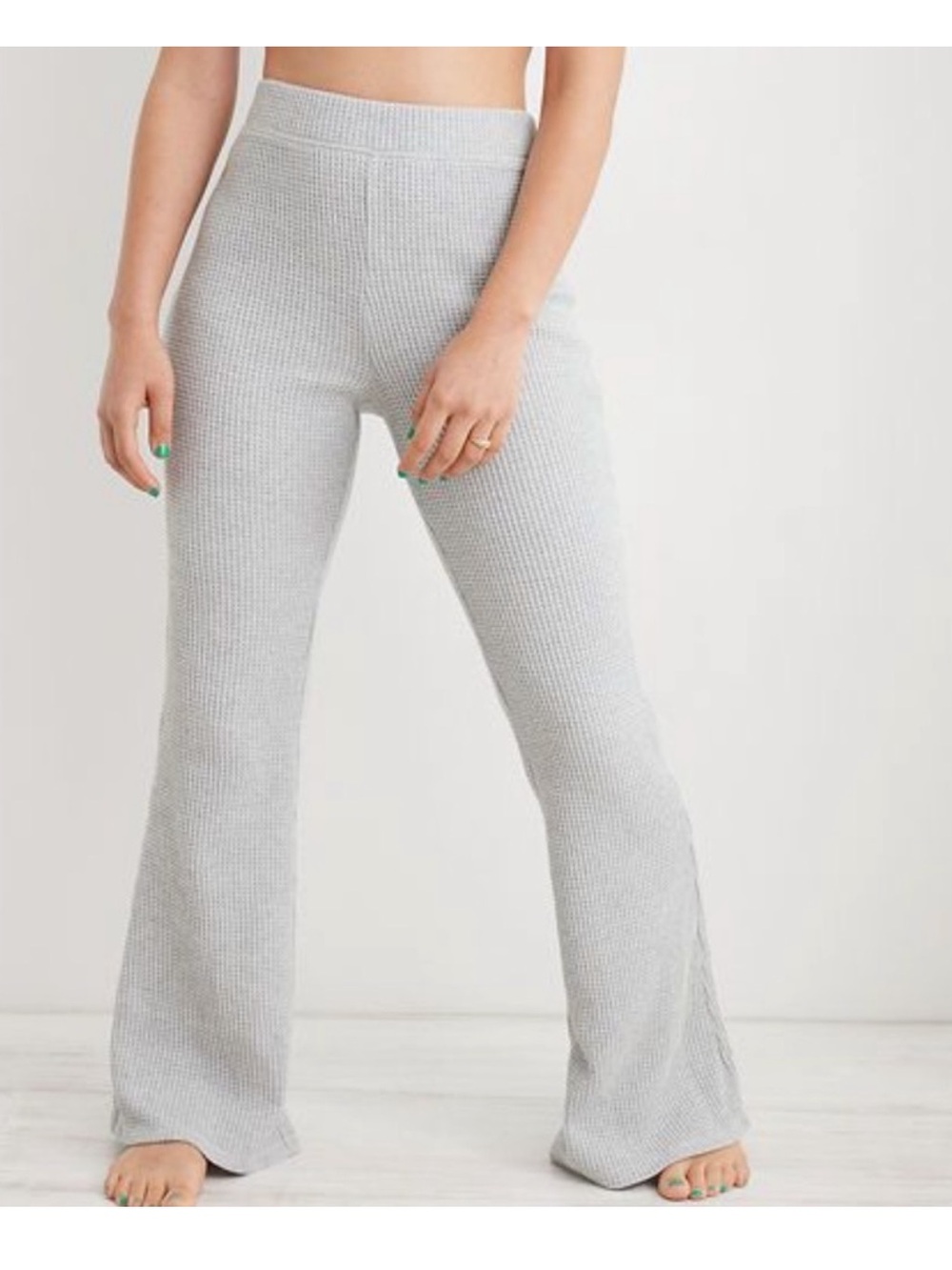 AERIE Waffle Knit Flare Thermal Pants Light Gray Size Medium Short